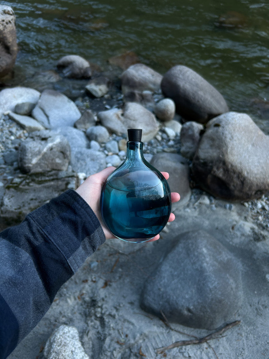 Goodbeast Vessel Steel Blue Pocket Flask Hand Blown Glass in Vancouver Canada