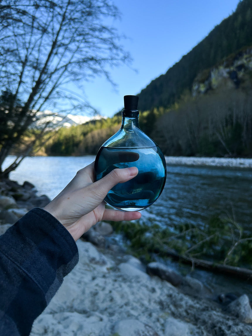 Goodbeast Vessel Steel Blue Pocket Flask Hand Blown Glass in Vancouver Canada